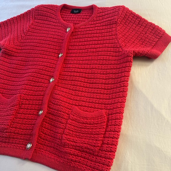 VICI Red Short Sleeve Estelle Crochet Cardigan, Size L - Picture 5 of 10